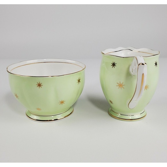 Vtg  Queen Anne Pole Starburst  MCM Midcentury Footed Sugar Creamer Green Gold - Picture 4 of 12